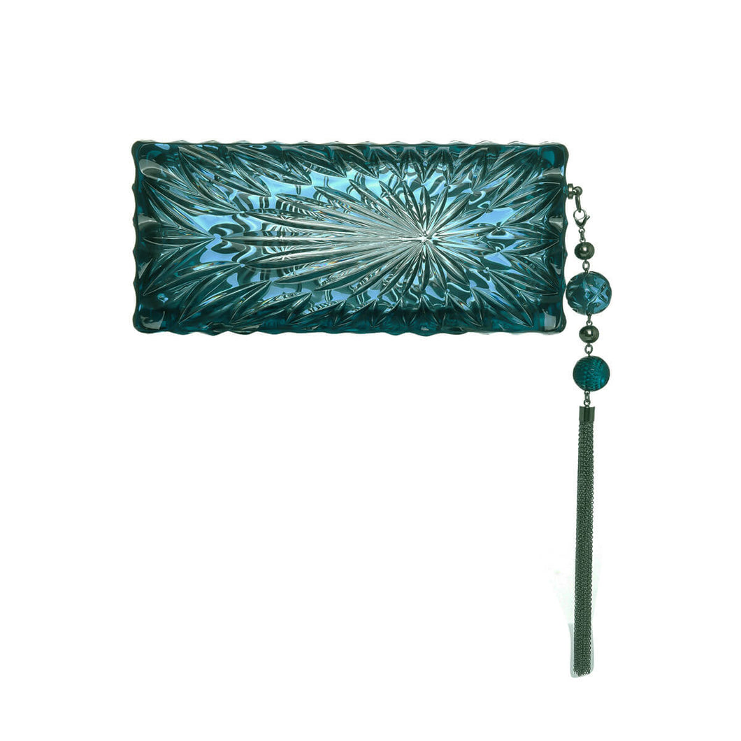 Teal Hand Carved Resin Long Rectangular Clutch