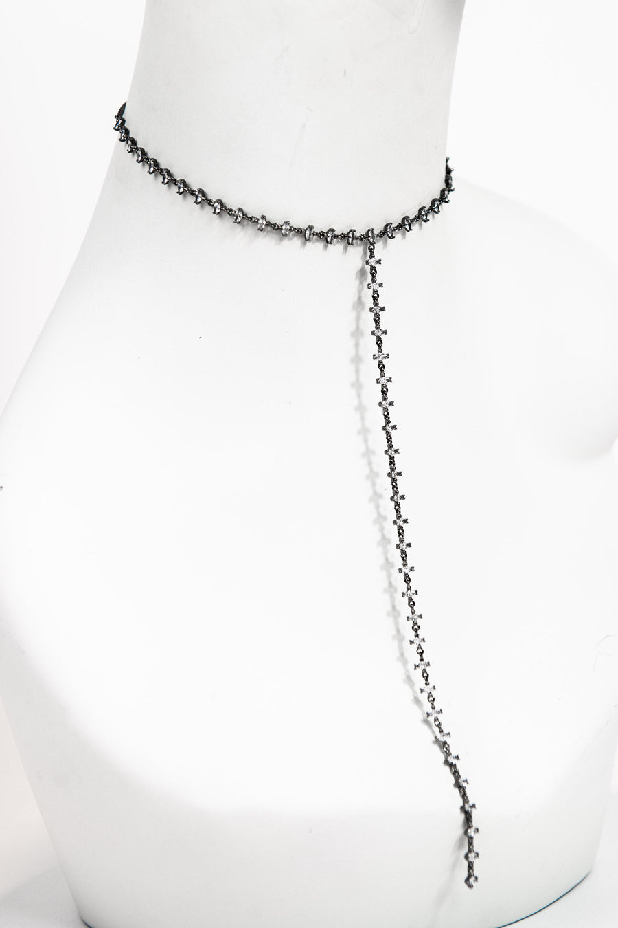 Hand set high quality CZ marquise lariat necklace with gun metal finish