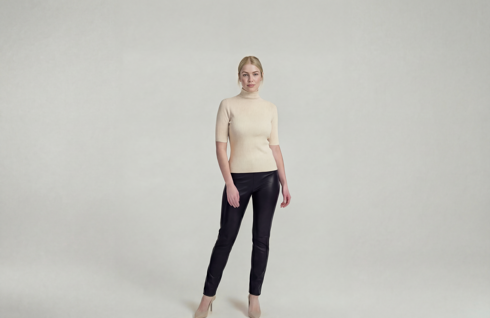 100% Cashmere Short Sleeve Turtle Neck Sweater - Nature White