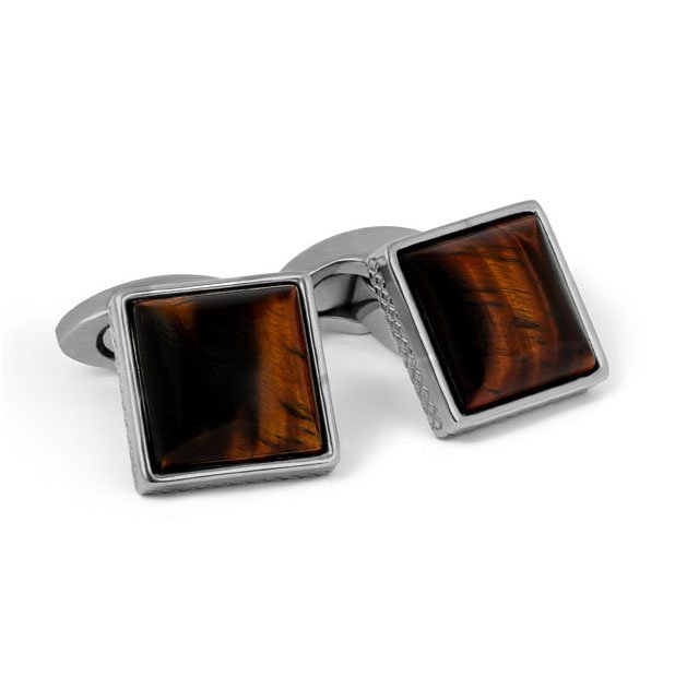 Titanium Classic Cufflinks - Red Tiger Eye square polished dome cufflinks with silver frame