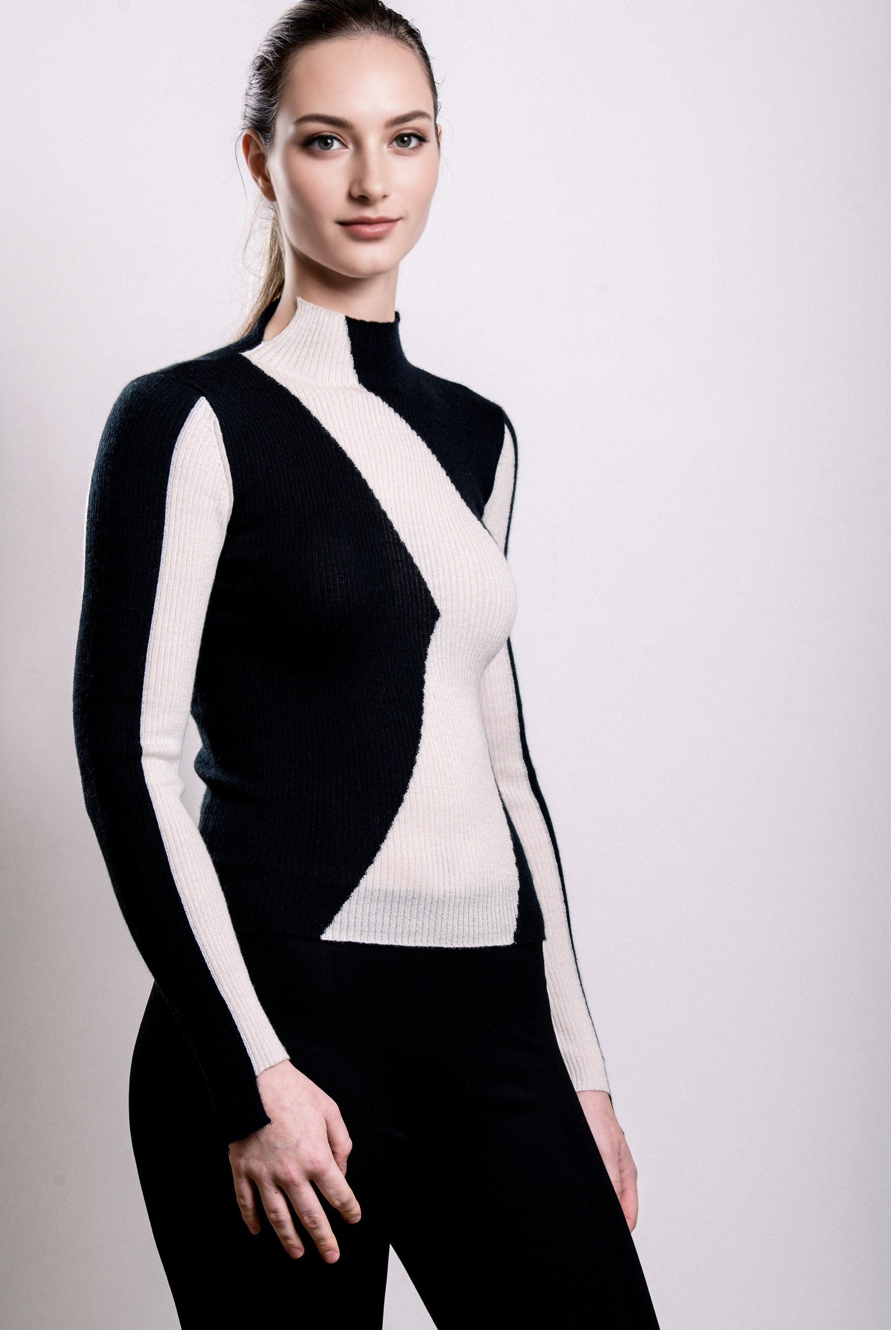 Cashmere Turtle Neck Sweater - Ivory and Black
