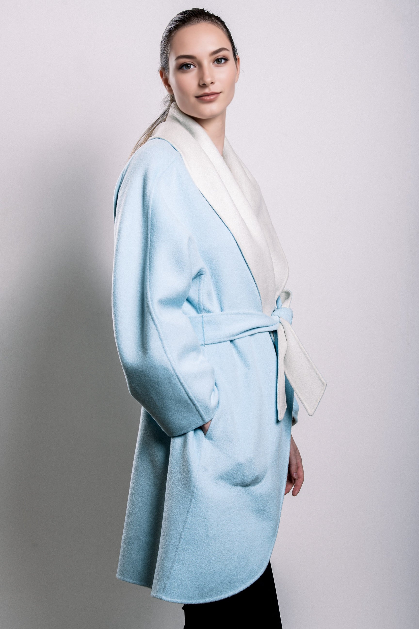 Demi-Couture Wool Belted Overcoat - Sky/Cream