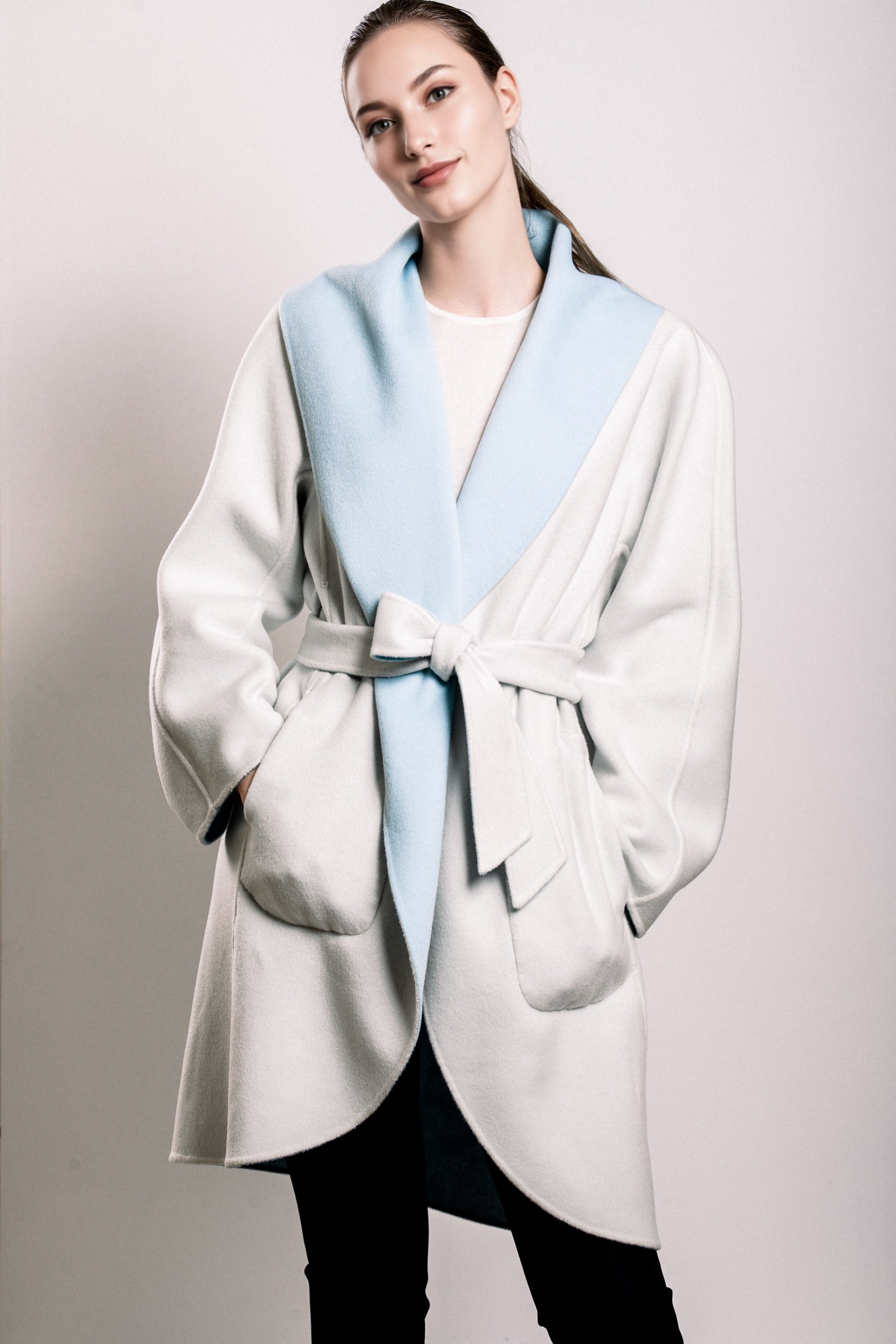Demi-Couture Wool Belted Overcoat - Sky/Cream