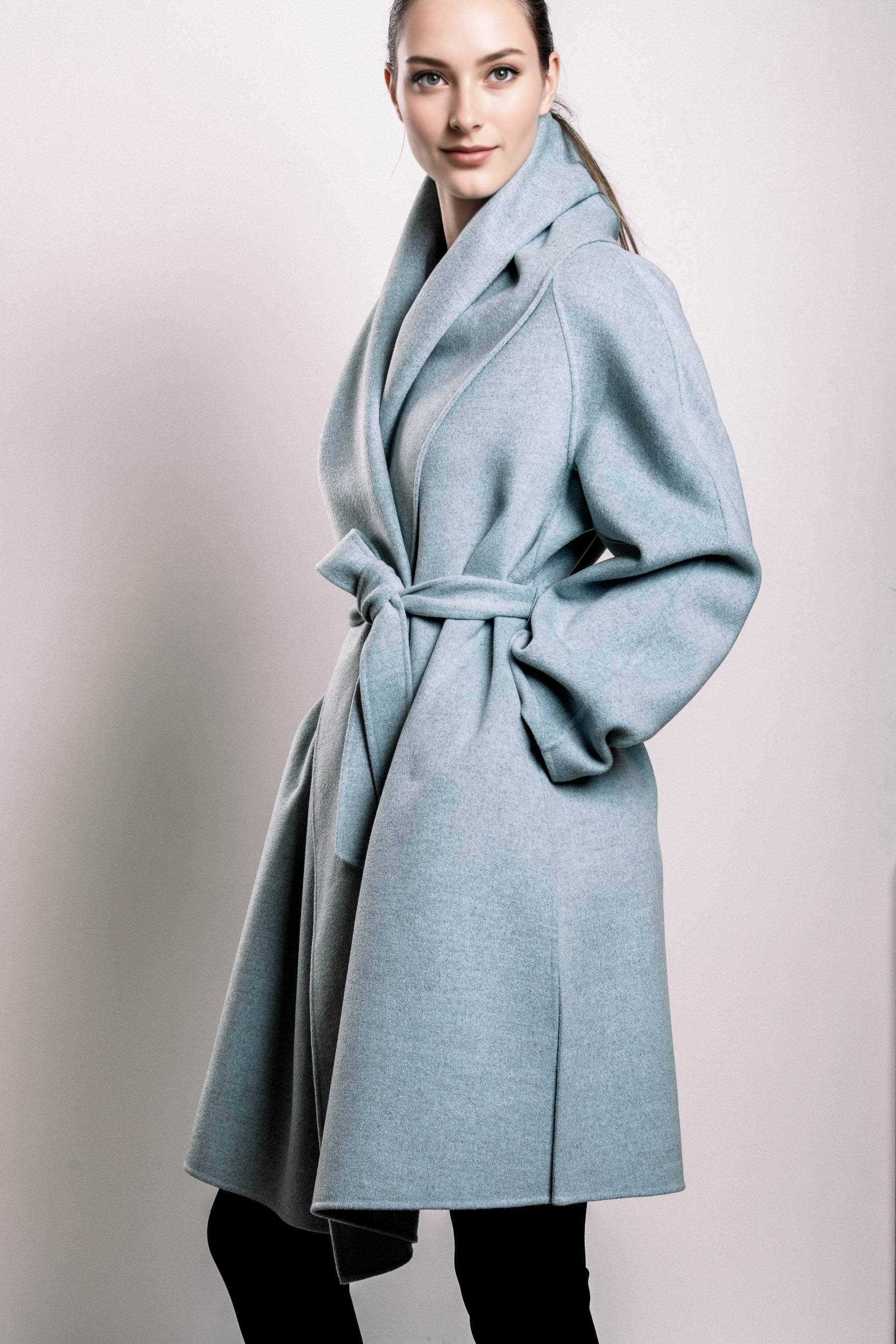 Demi-Couture Cashmere Shawl Collar Overcoat - Sky Blue