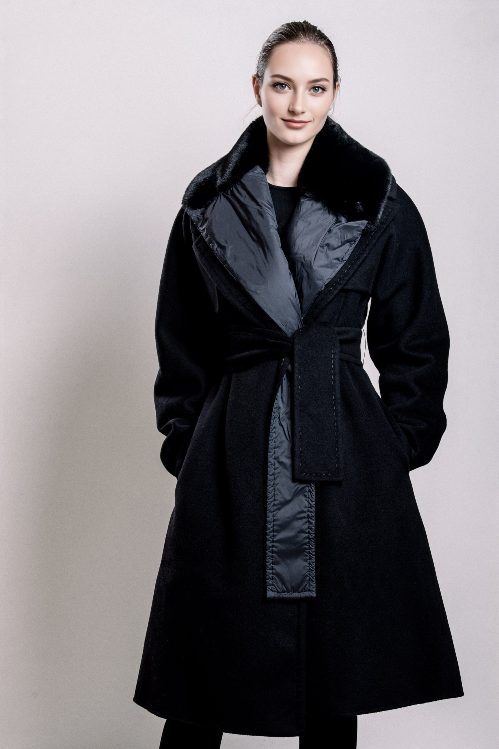 Demi-Couture Overcoat with Fur Collar - Black