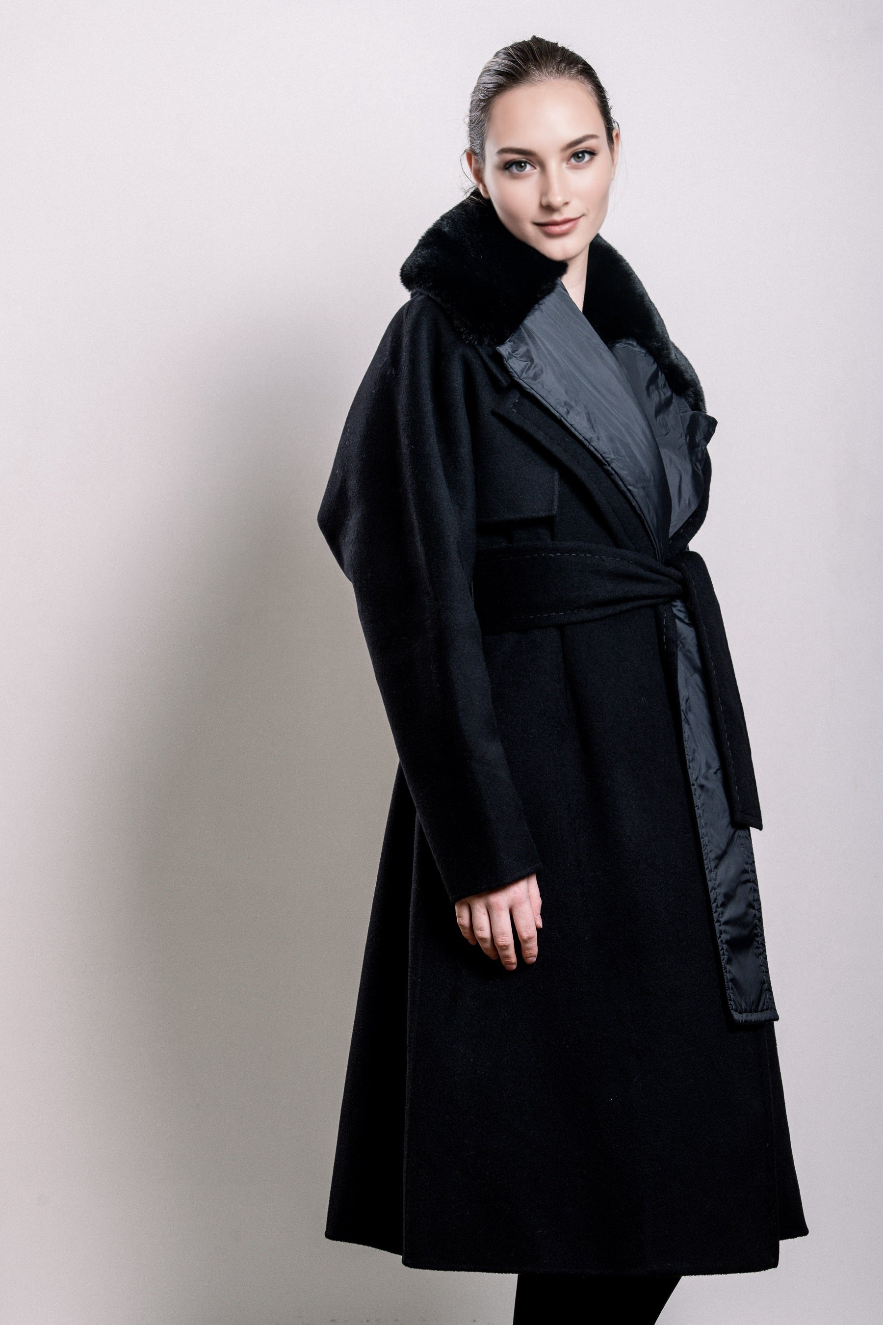 Demi-Couture Overcoat with Fur Collar - Black