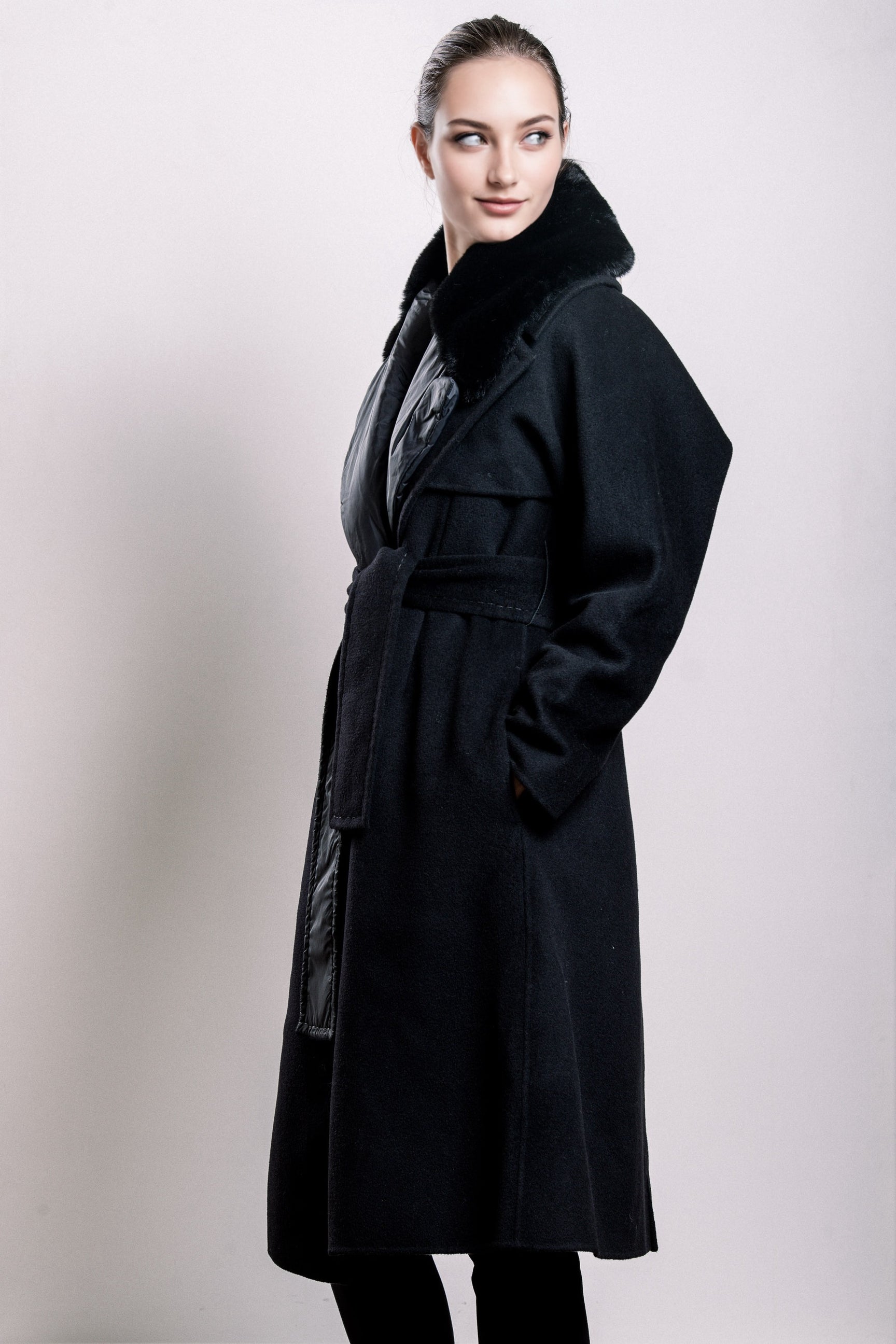 Demi-Couture Overcoat with Fur Collar - Black
