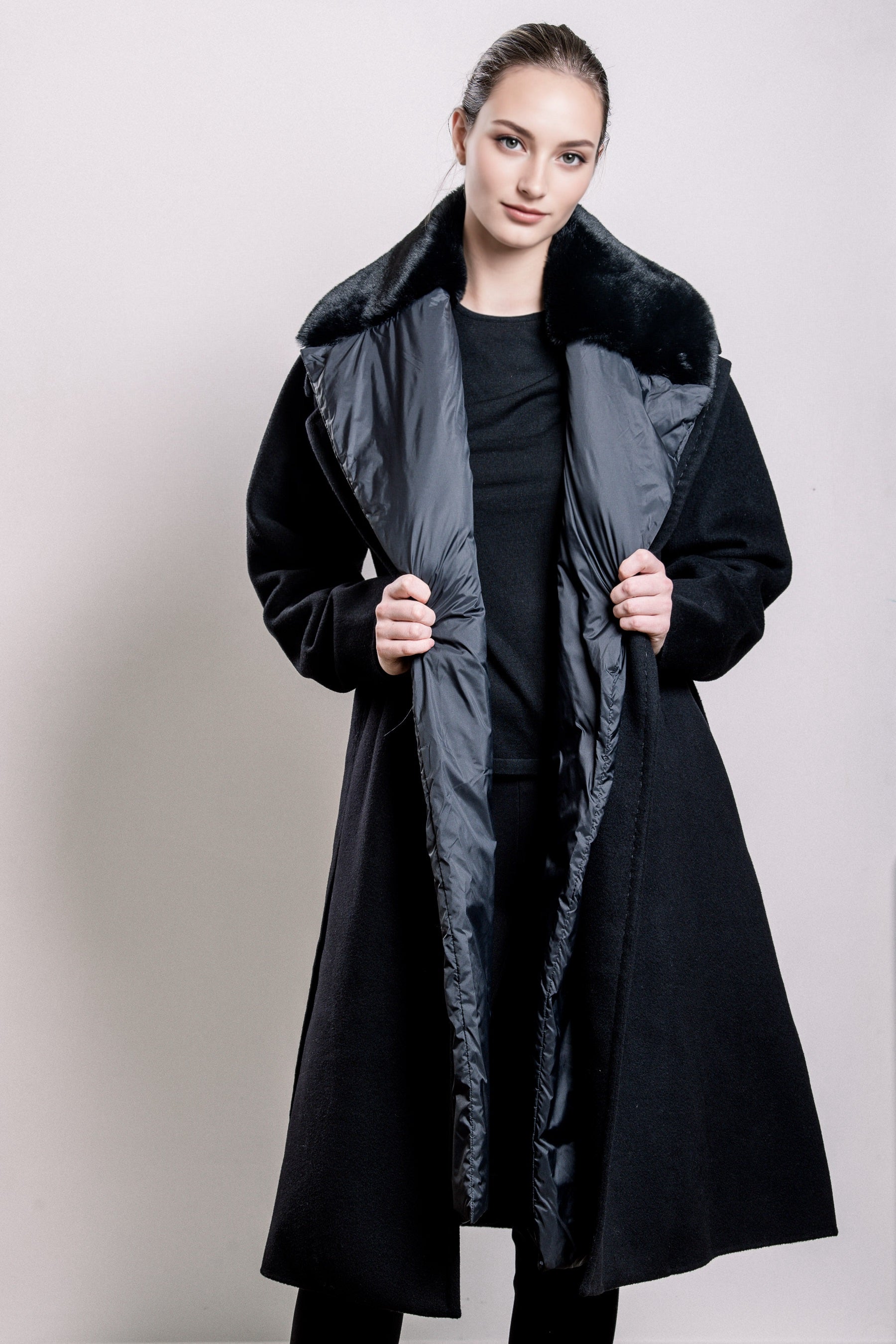 Demi-Couture Overcoat with Fur Collar - Black