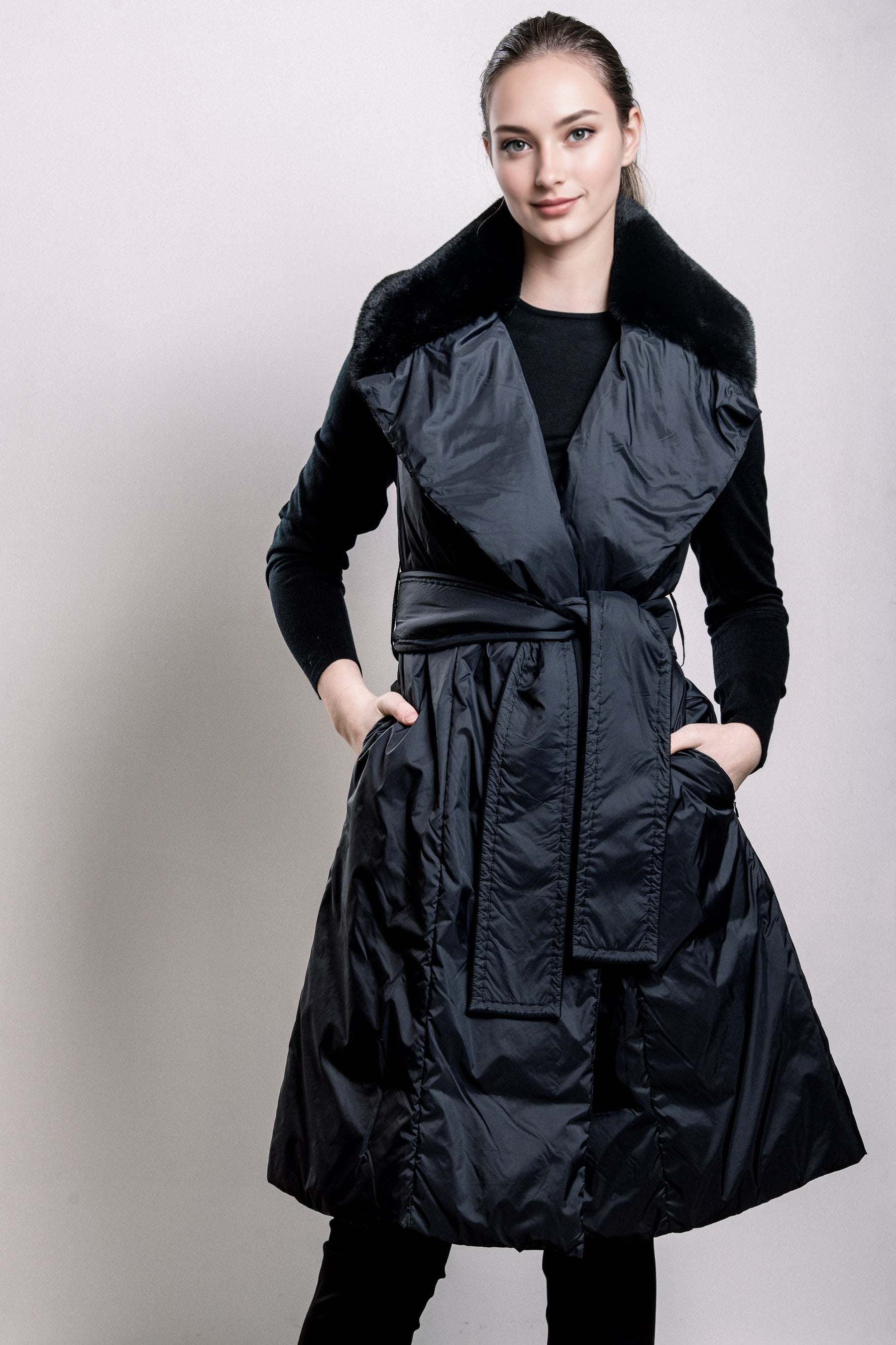 Demi-Couture Overcoat with Fur Collar - Black