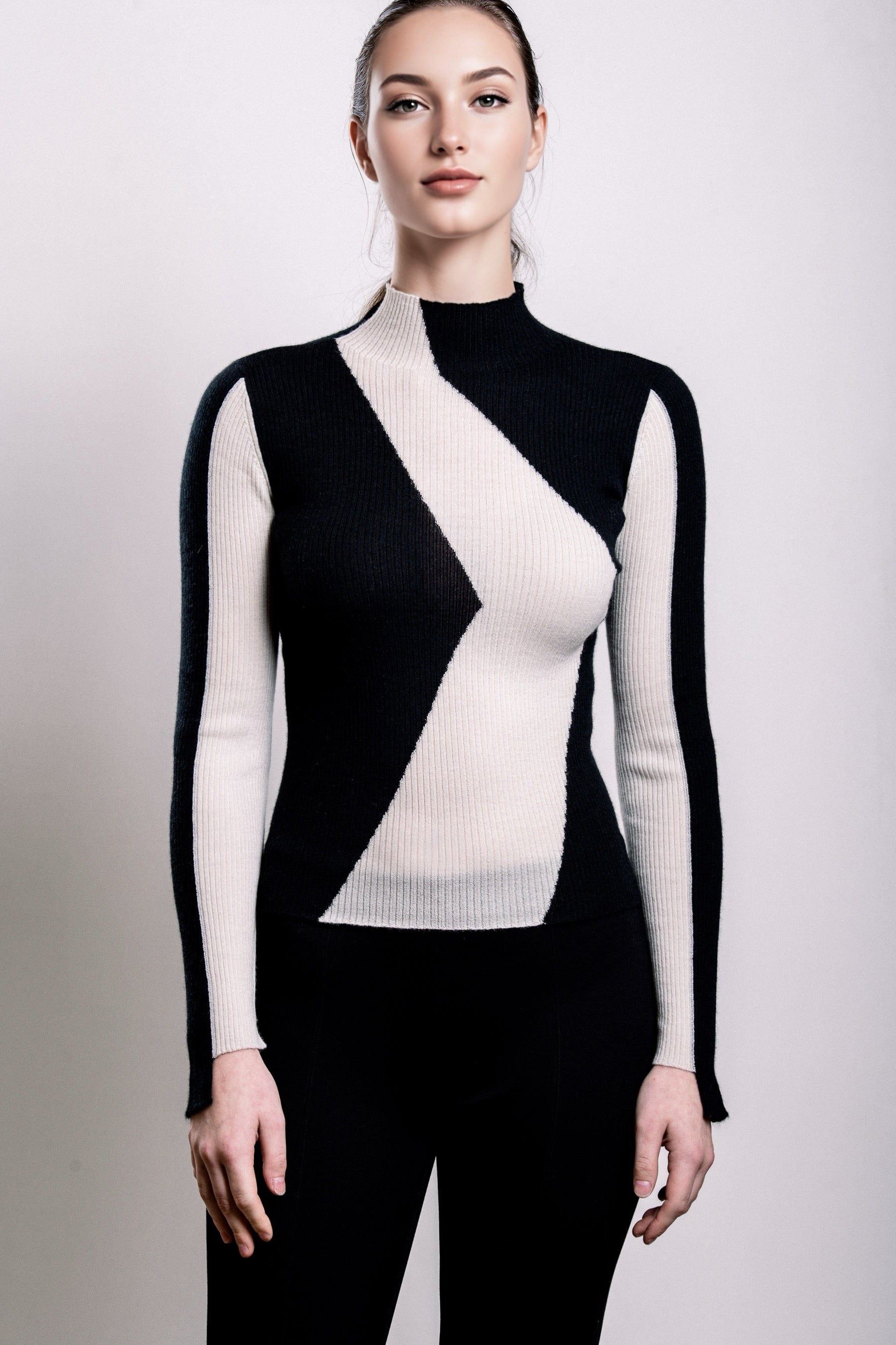 Cashmere Turtle Neck Sweater - Ivory and Black