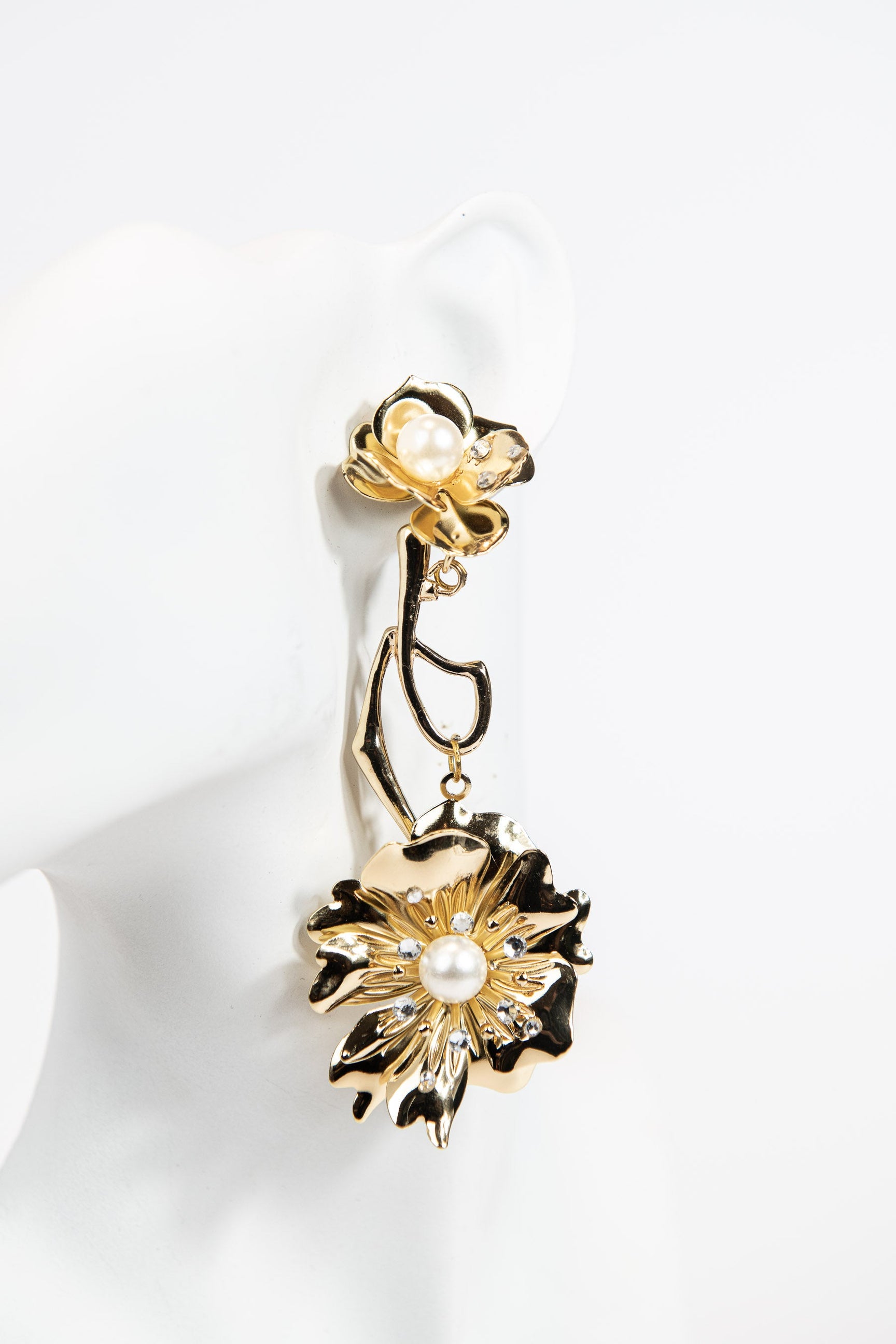 3-piece gold metal asymmetrical pearl and crystal floral earrings with stud or hook options