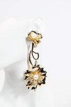 Load image into Gallery viewer, 3-piece gold metal asymmetrical pearl and crystal floral earrings with stud or hook options