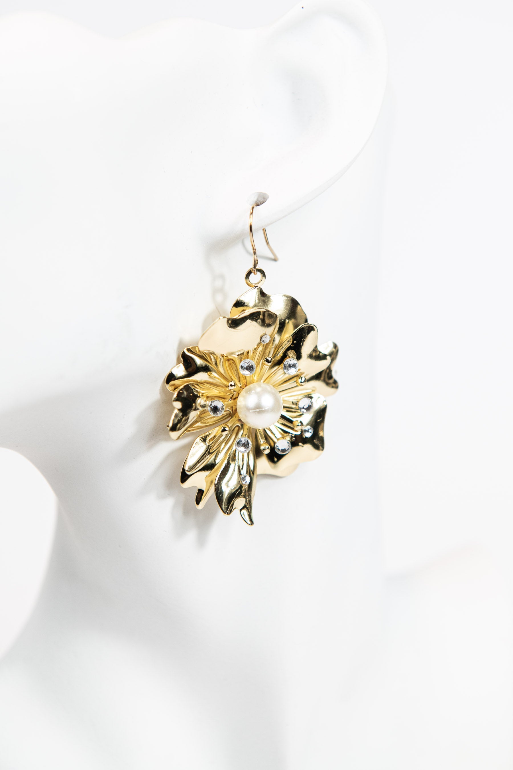 3-piece gold metal asymmetrical pearl and crystal floral earrings with stud or hook options