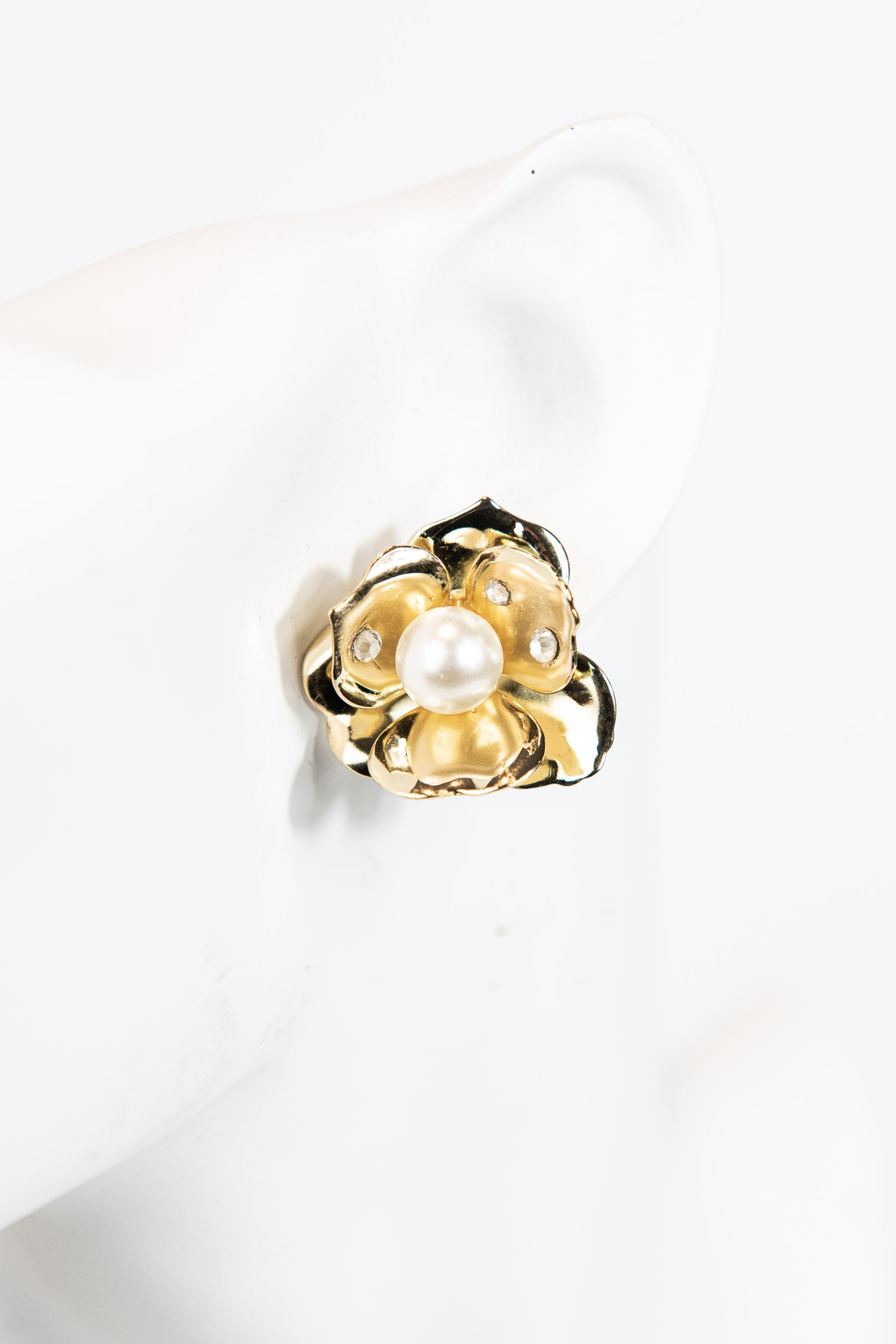 3-piece gold metal asymmetrical pearl and crystal floral earrings with stud or hook options