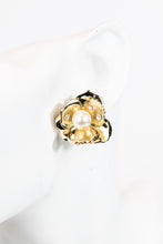 Load image into Gallery viewer, 3-piece gold metal asymmetrical pearl and crystal floral earrings with stud or hook options