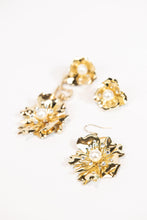 Load image into Gallery viewer, 3-piece gold metal asymmetrical pearl and crystal floral earrings with stud or hook options