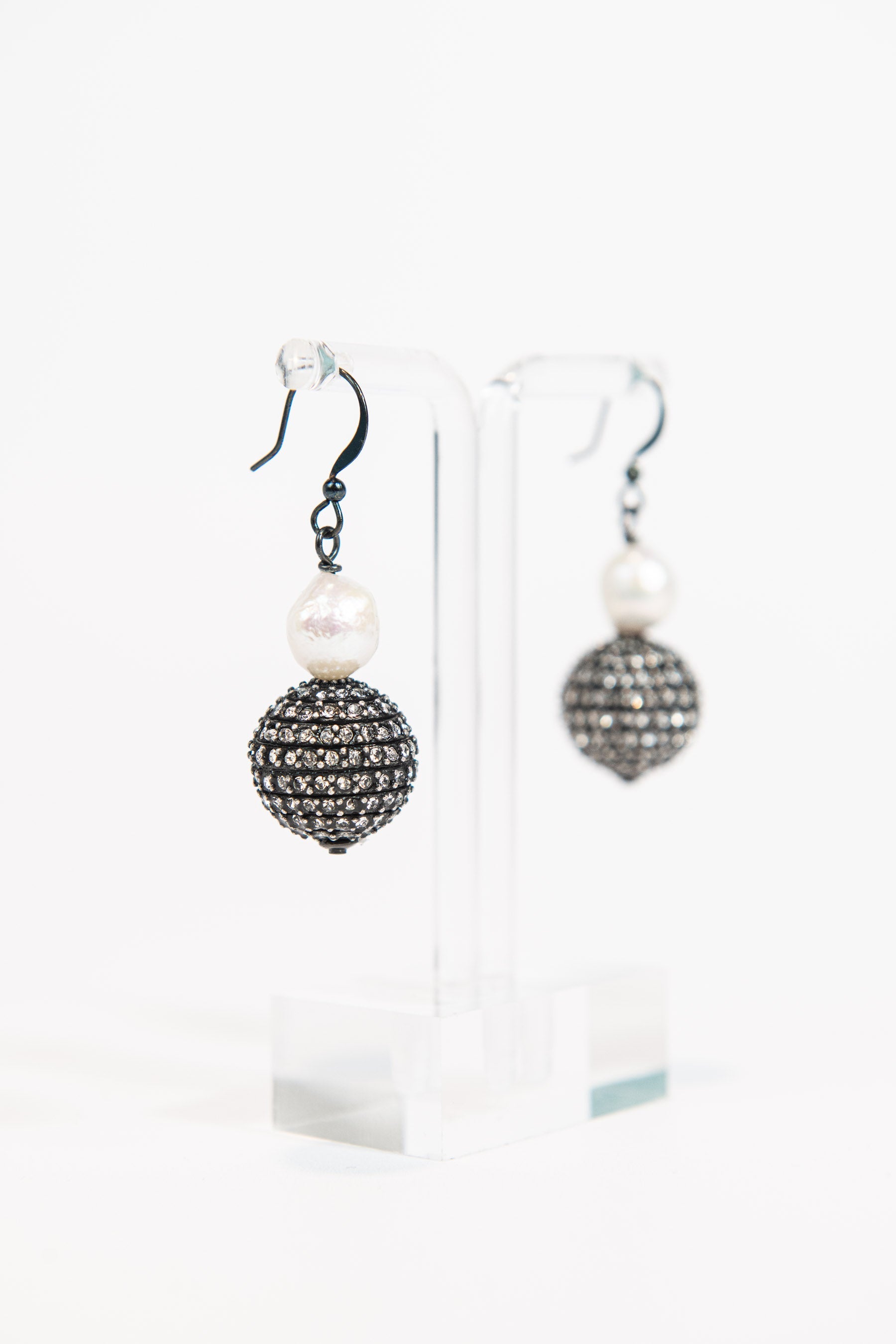 Gunmetal crystal sphere and freshwater pearl drop earrings