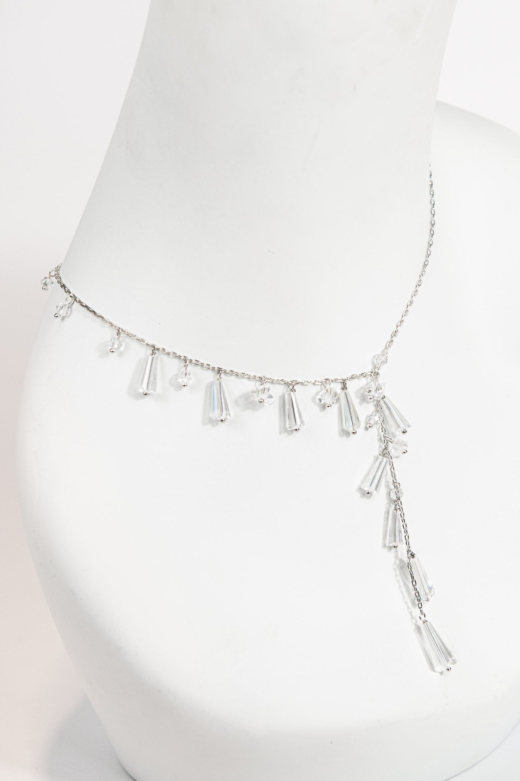 Asymmetrical authentic crystal lariat necklace with silver chain