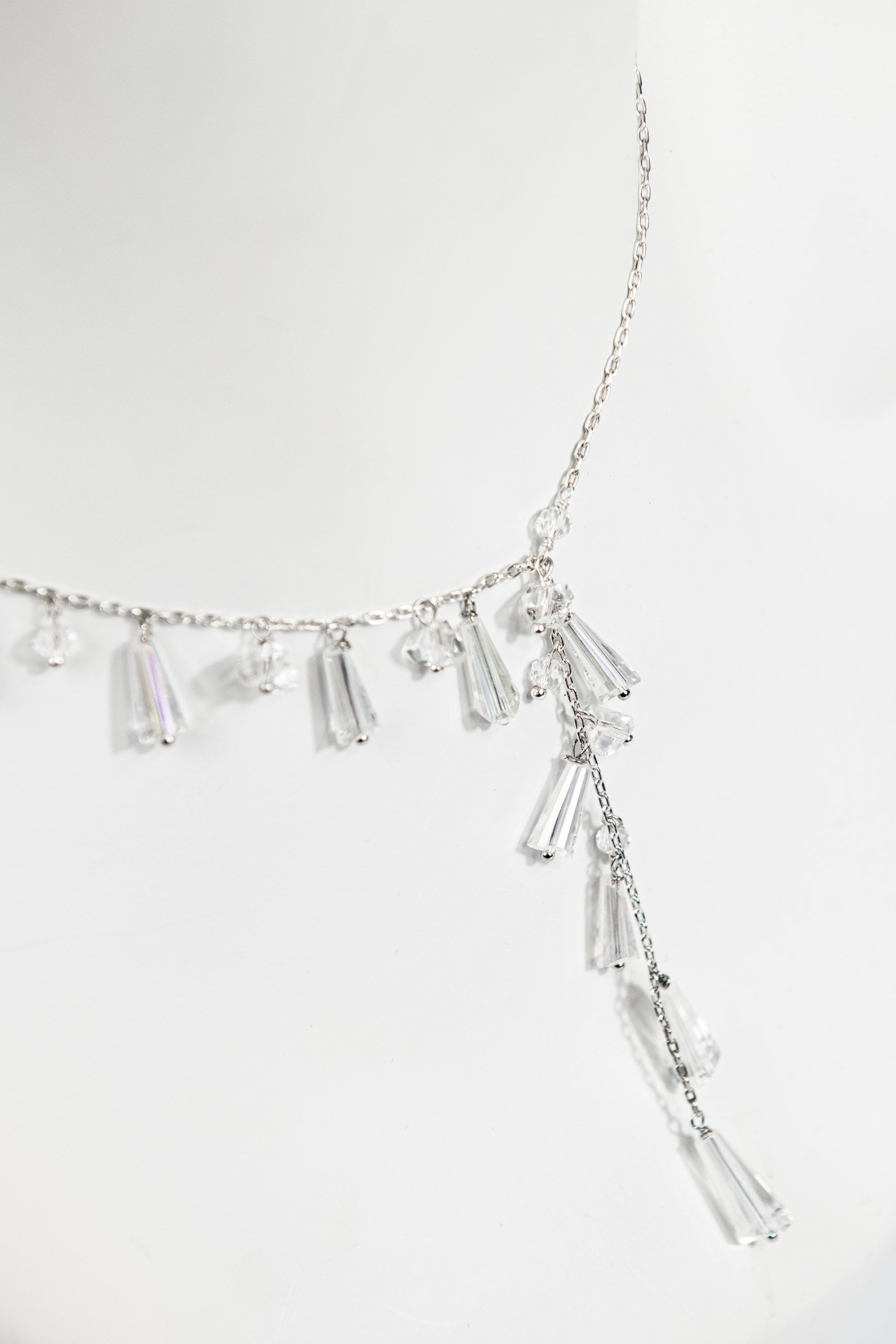 Asymmetrical authentic crystal lariat necklace with silver chain