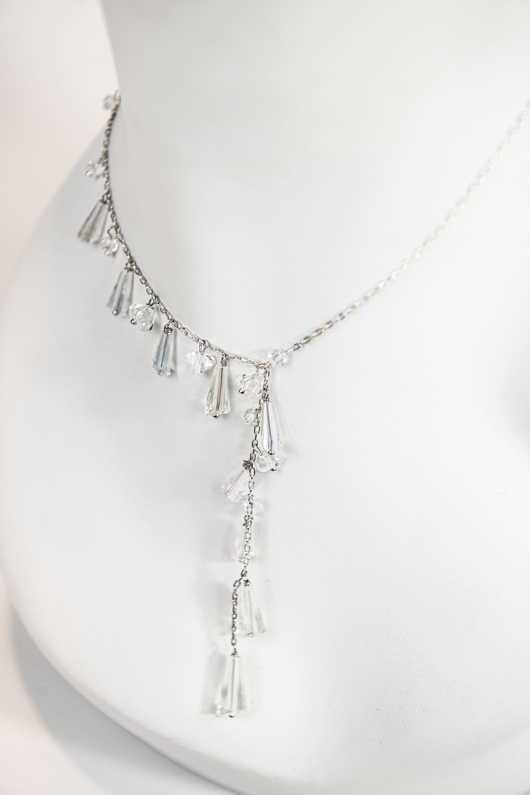 Asymmetrical authentic crystal lariat necklace with silver chain