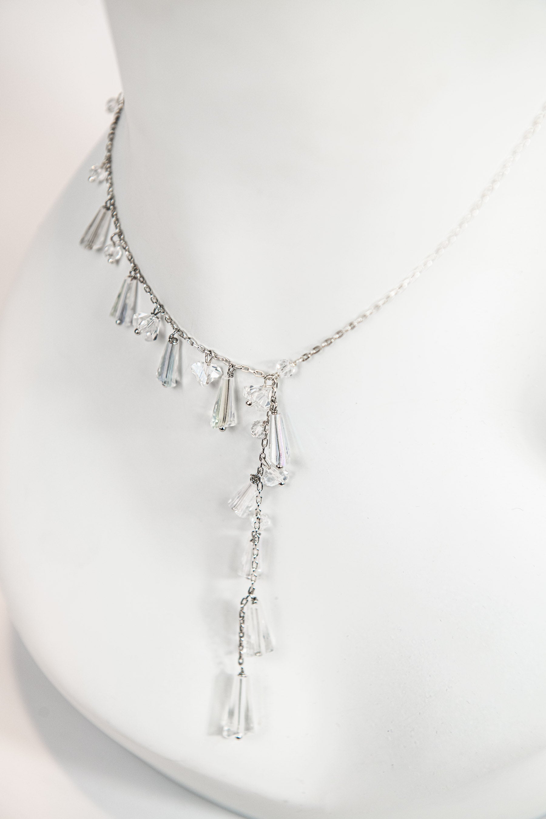 Asymmetrical authentic crystal lariat necklace with silver chain