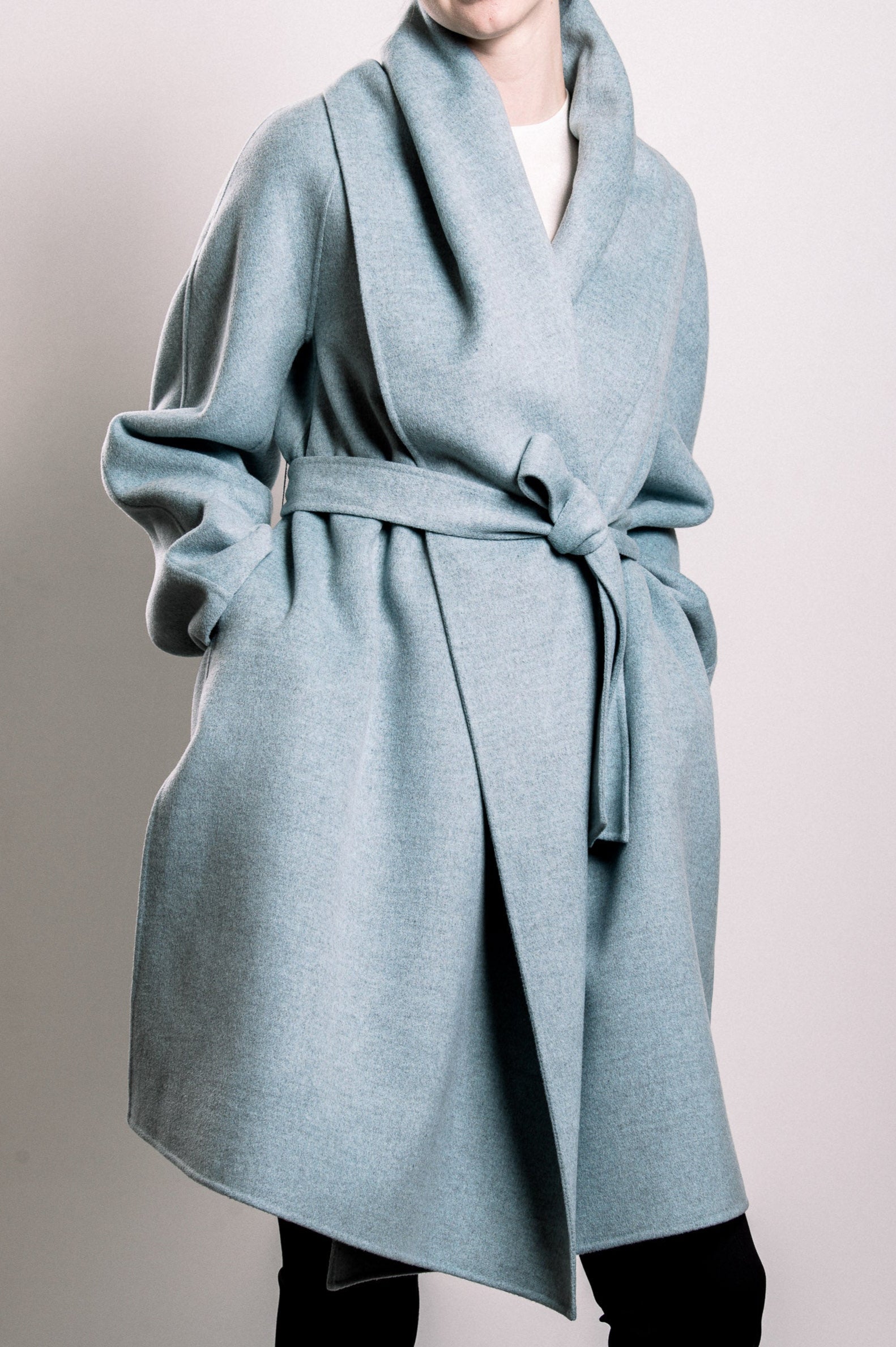 Demi-Couture Wool Belted Overcoat - Light Blue