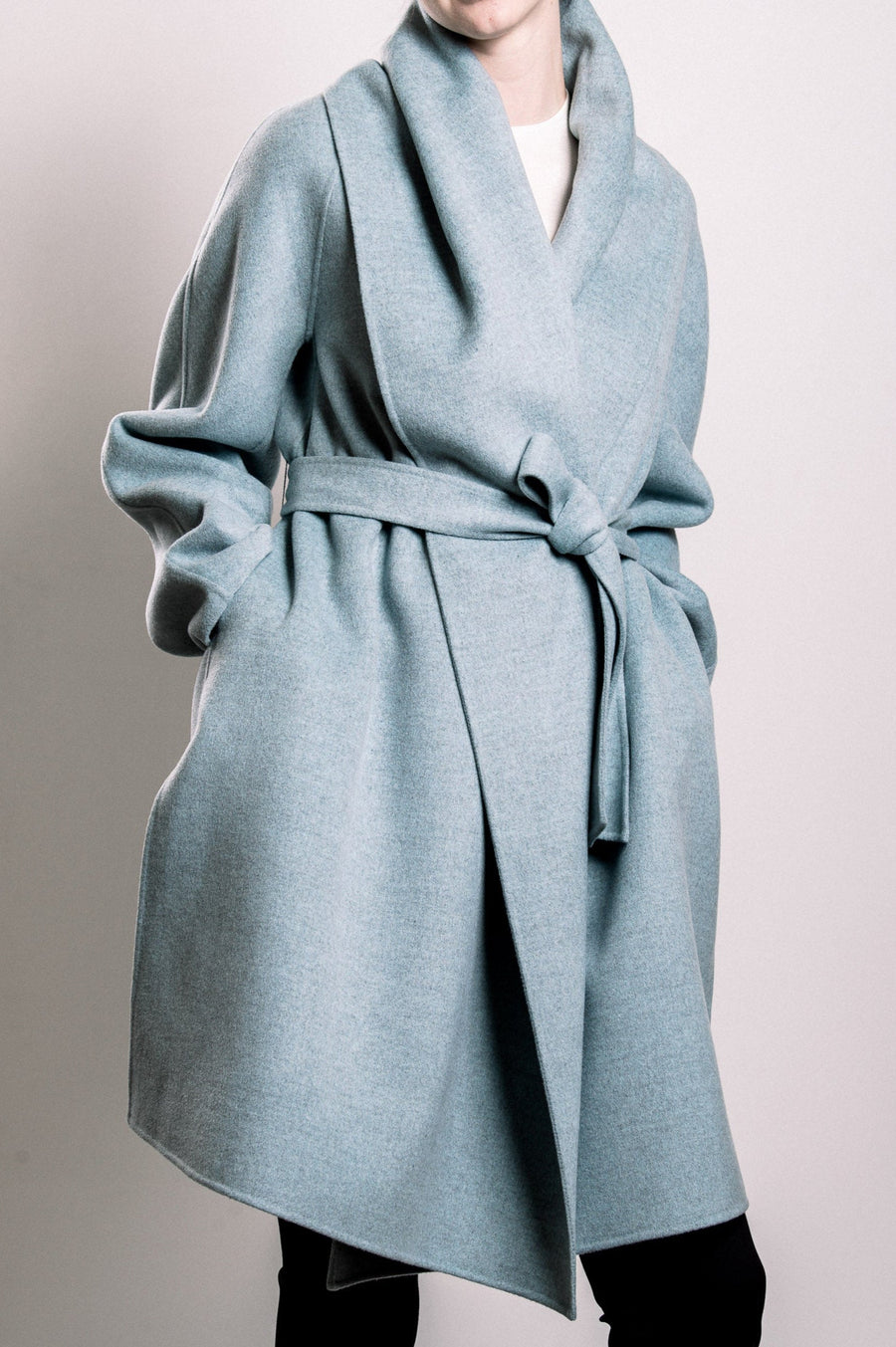 Demi-Couture Wool Belted Overcoat - Light Blue