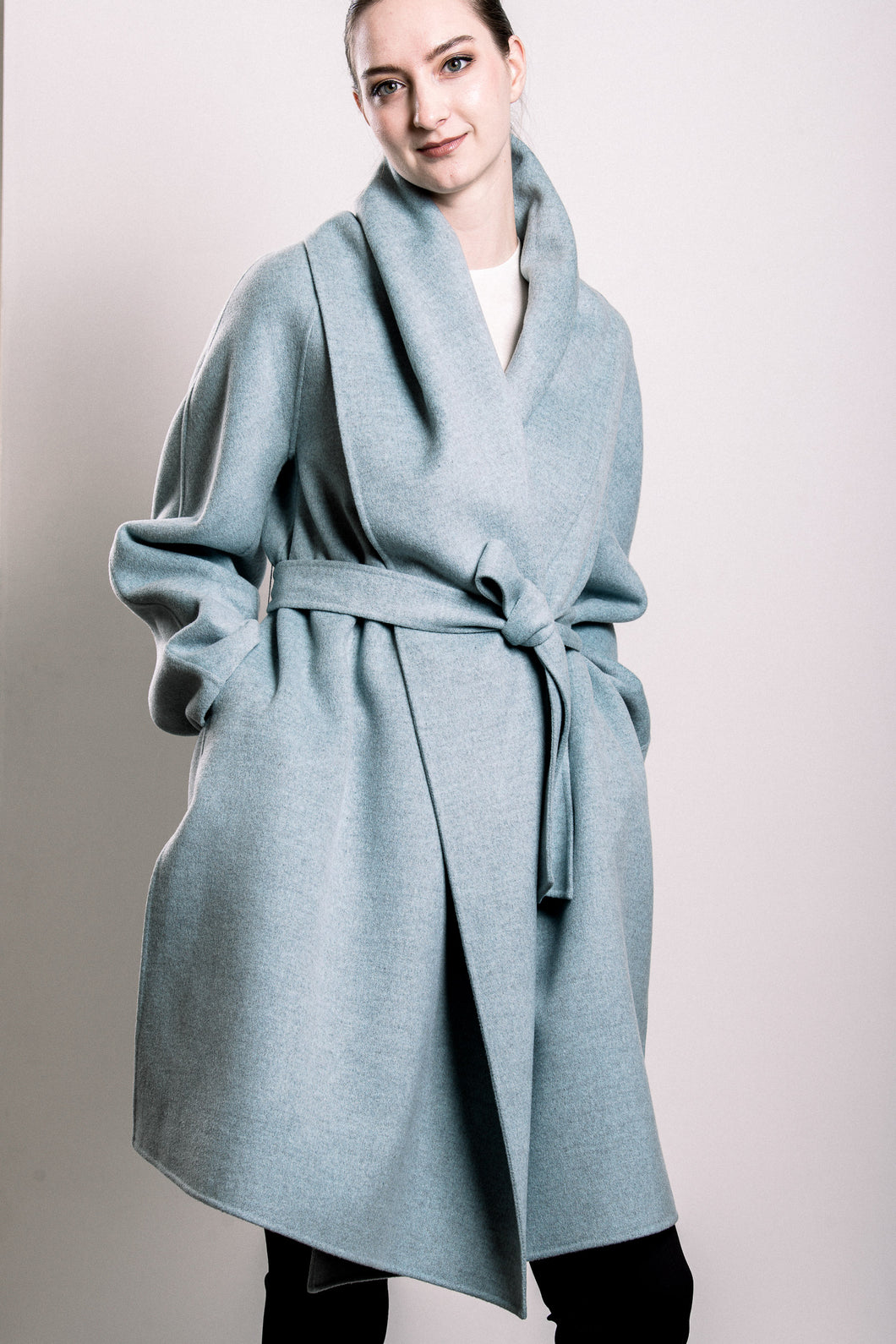 Demi-Couture Wool Belted Overcoat - Light Blue