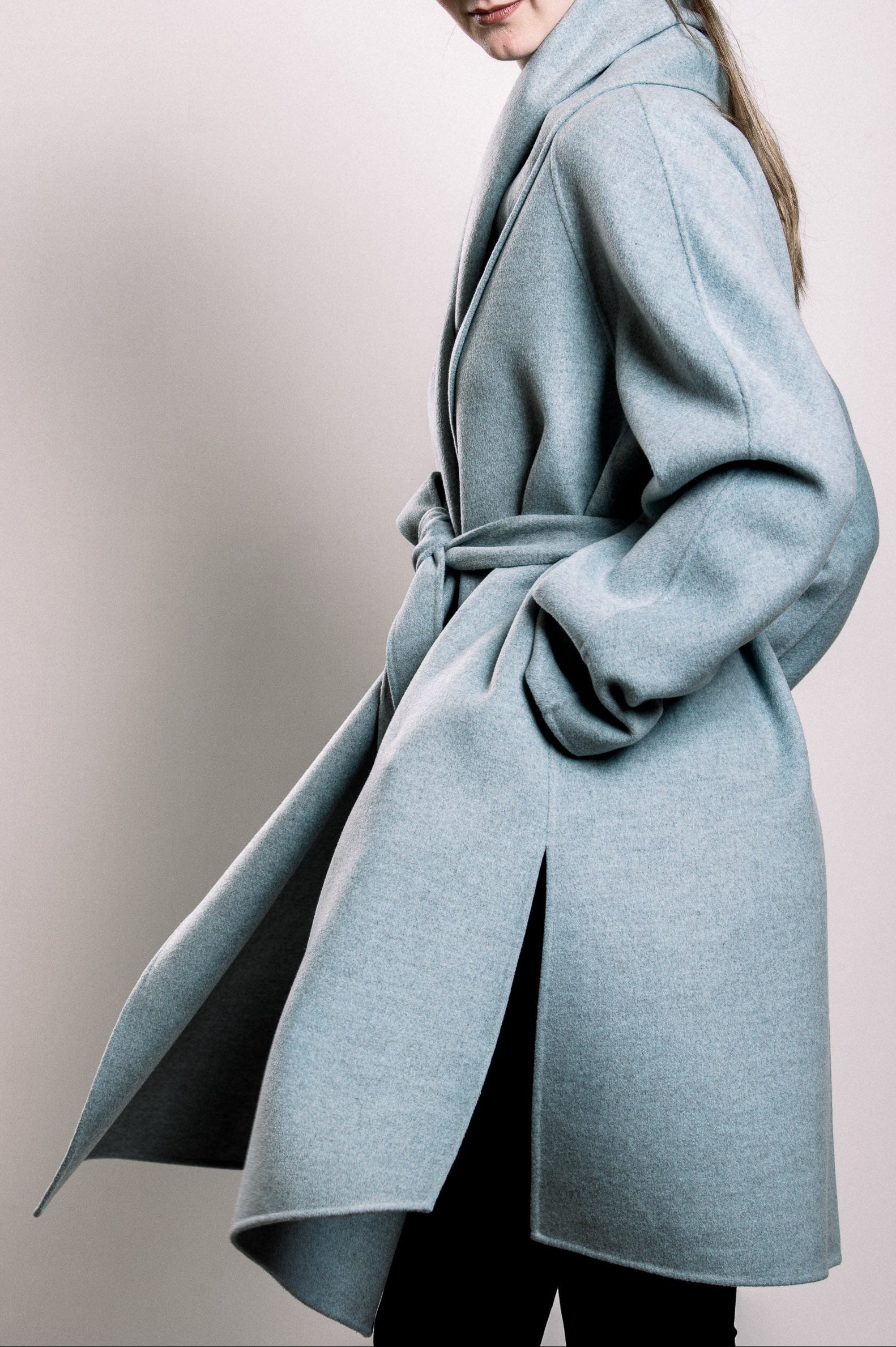 Demi-Couture Wool Belted Overcoat - Light Blue