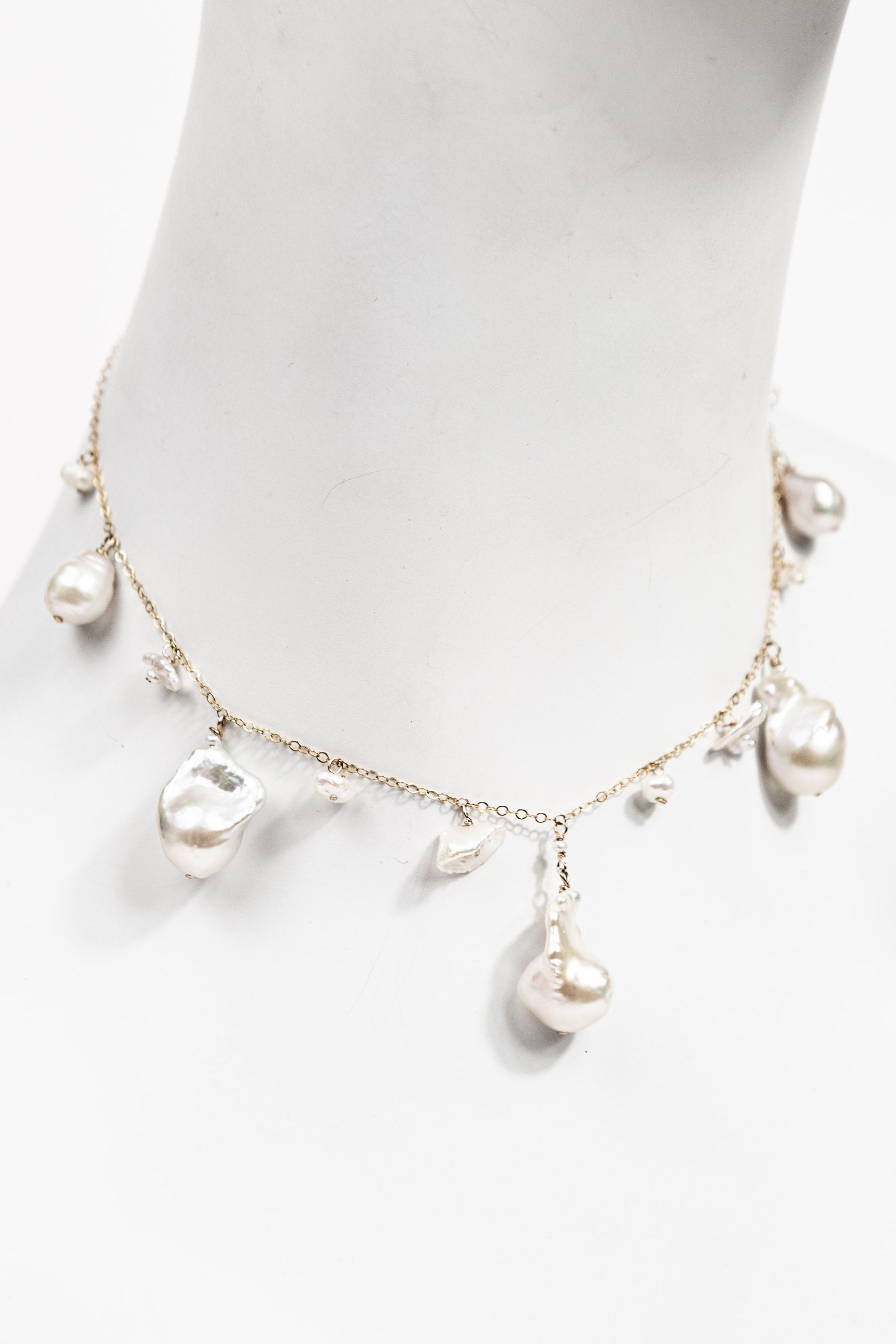 Graduated drop baroque pearl necklace with 14K gold filled chain