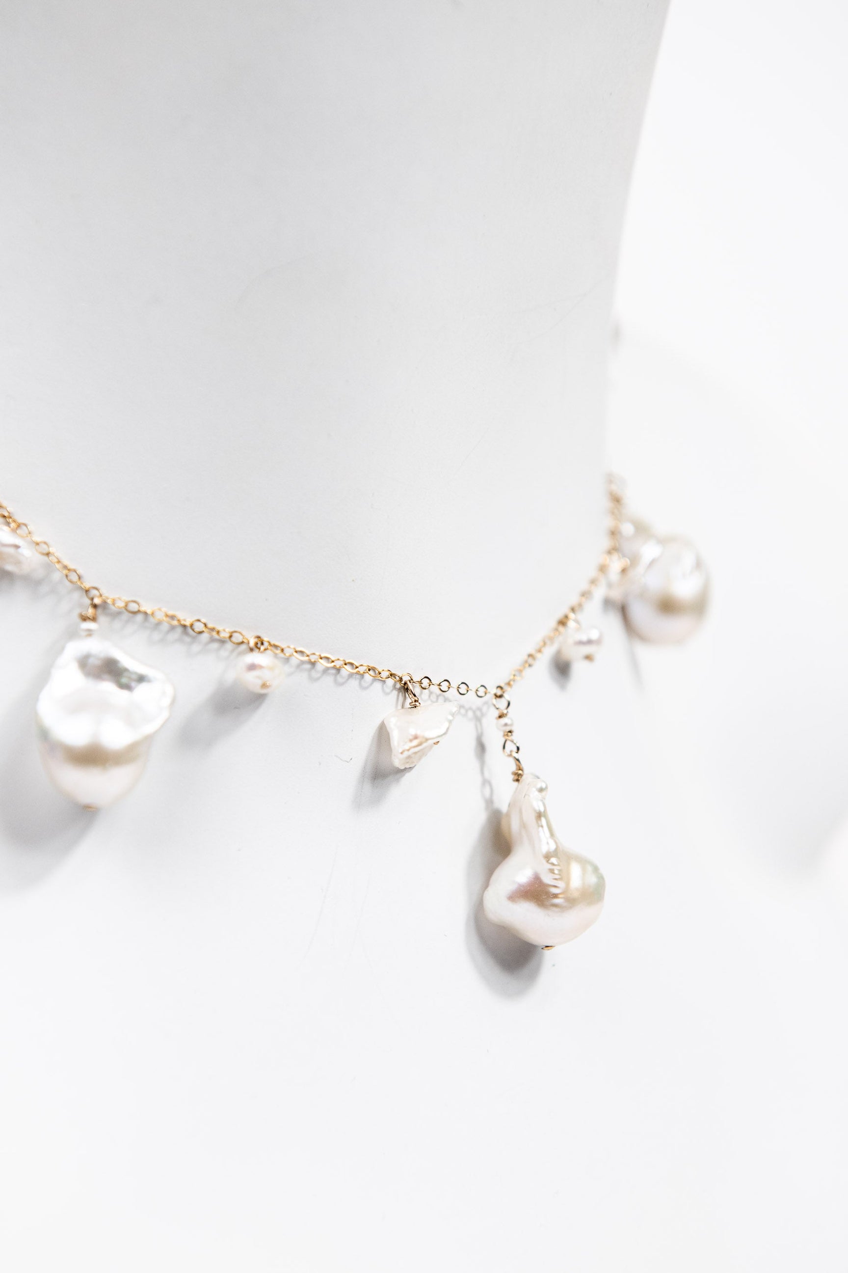 Graduated drop baroque pearl necklace with 14K gold filled chain