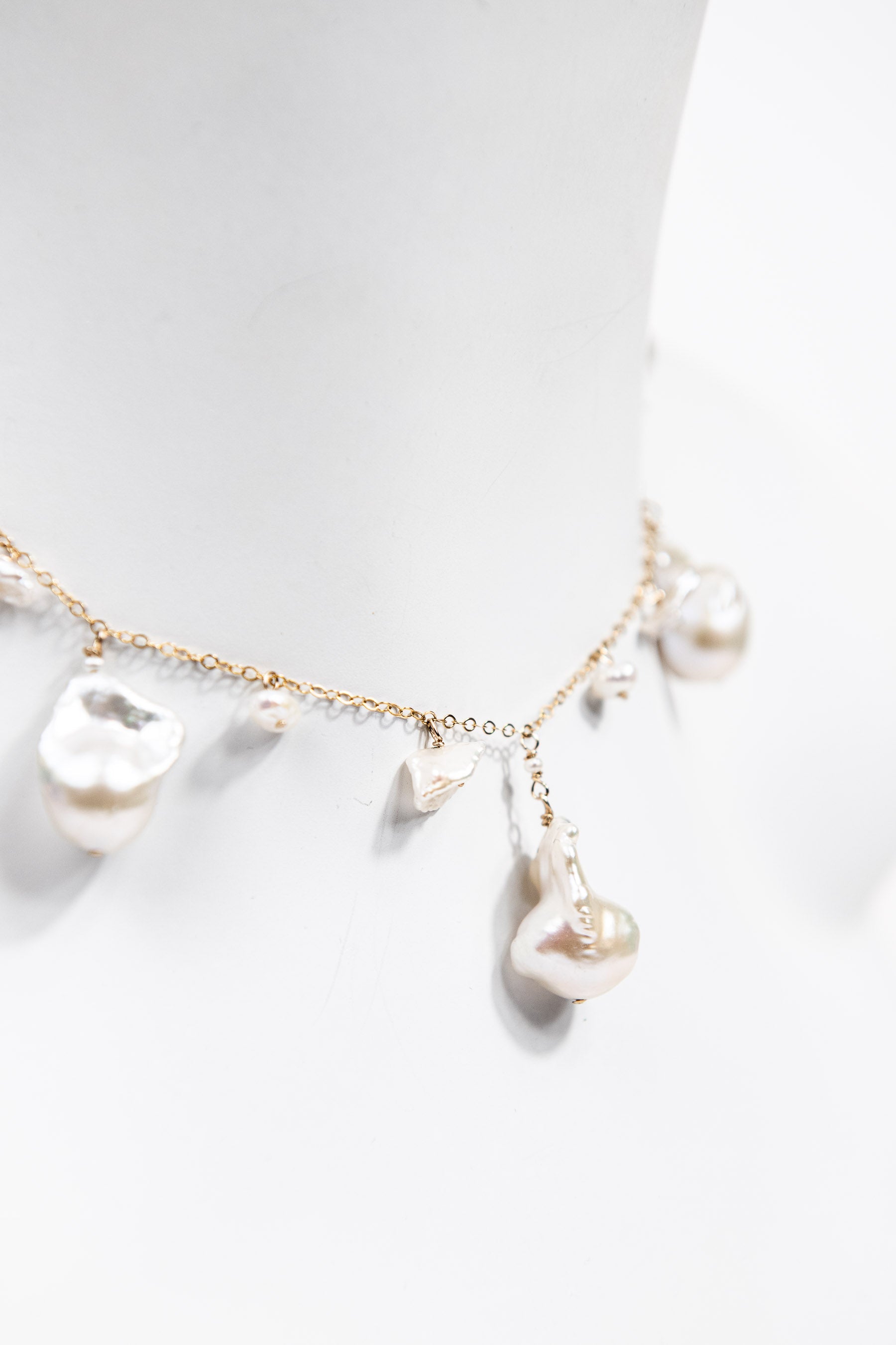 Graduated drop baroque pearl necklace with 14K gold filled chain