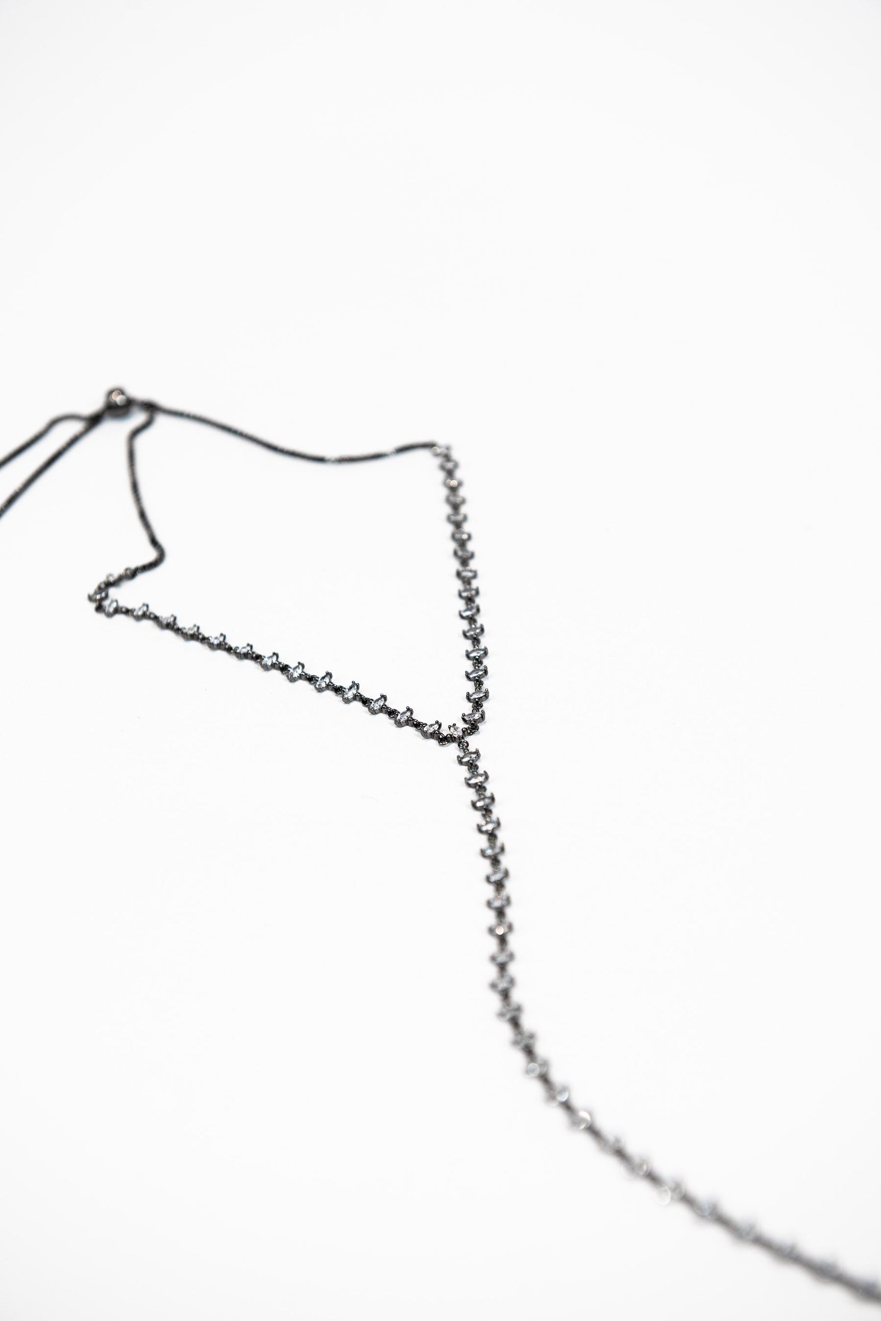 Hand set high quality CZ marquise lariat necklace with gun metal finish
