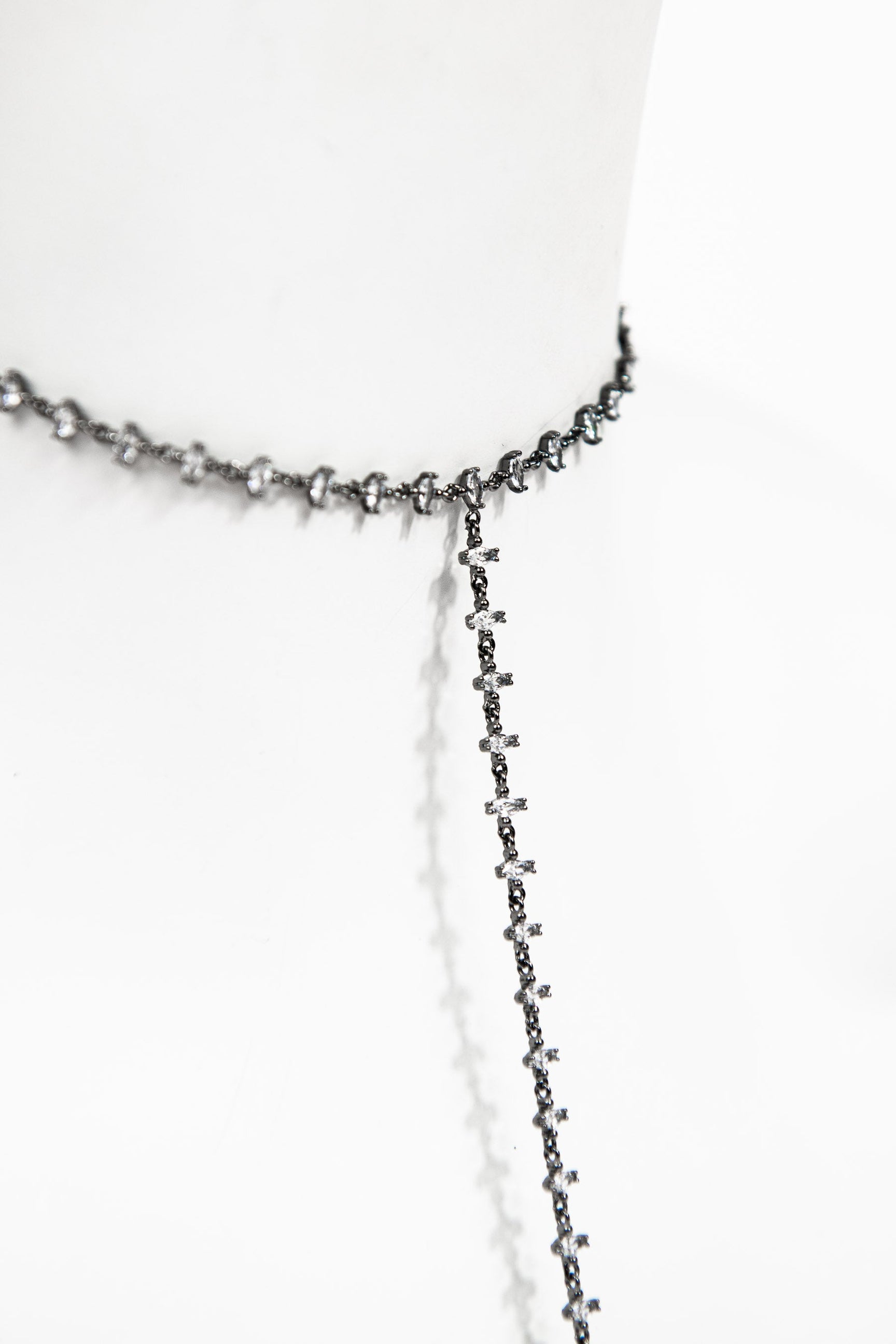 Hand set high quality CZ marquise lariat necklace with gun metal finish