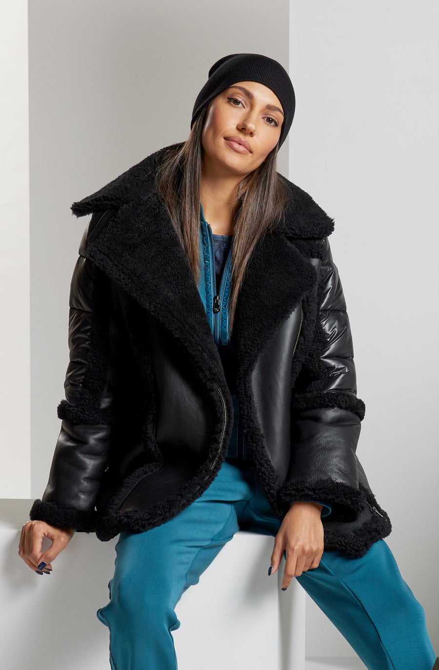 Urban Mixed Media Shearling Parka - Black