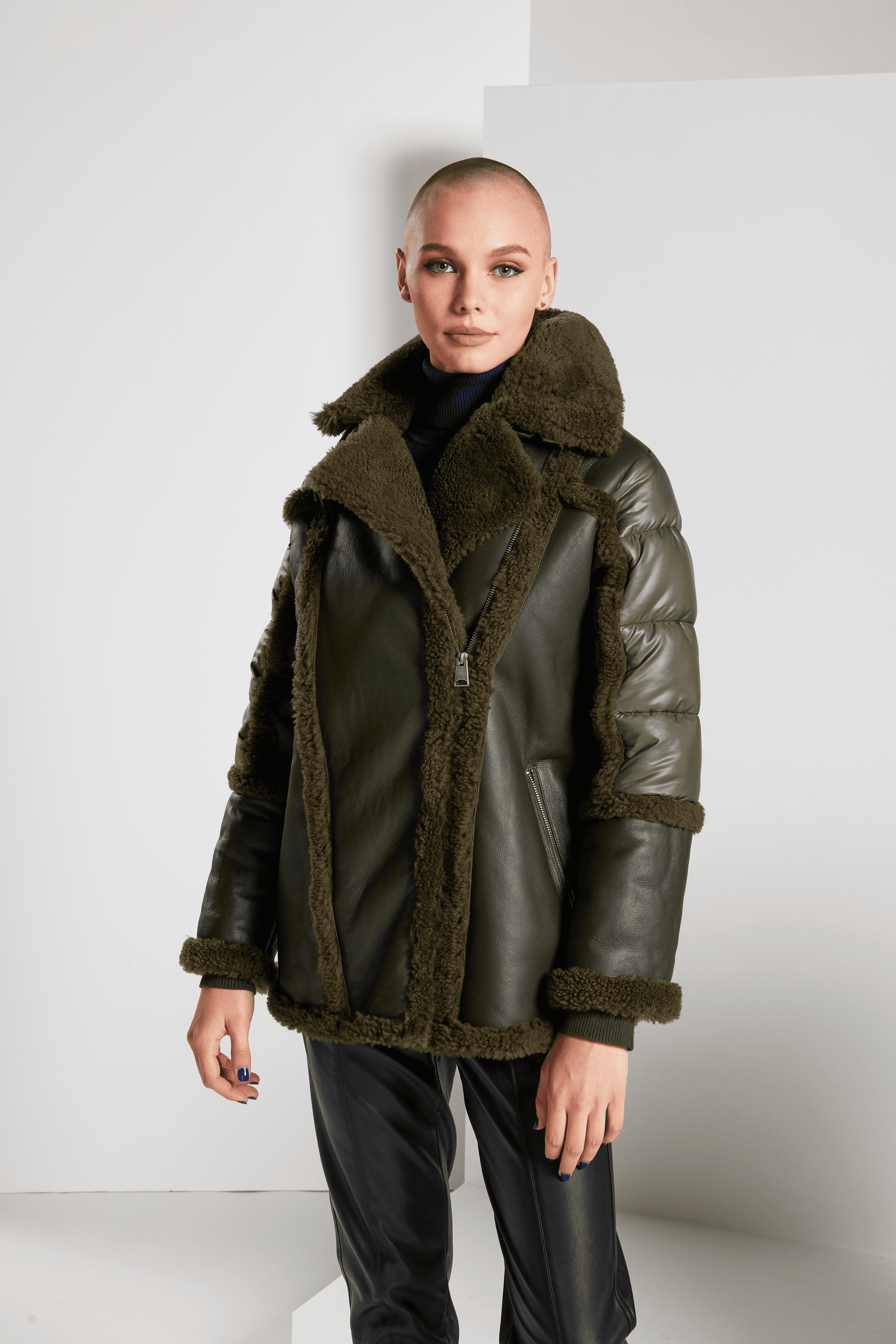 Urban Mixed Media Shearling Parka - Olivine